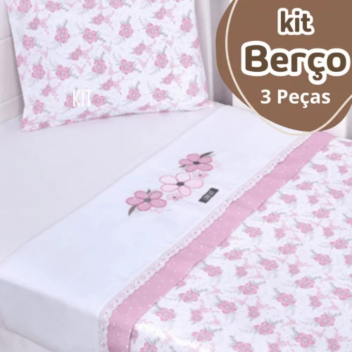 Kit Berço Americano 3 Peças Bordado 100% Algodão Enxoval Bebê Menina Rosa