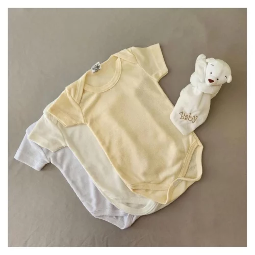 Kit Body Bebe Canelado Liso Manga Curta Unissex - 3 Peças