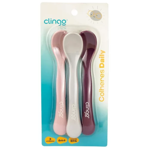Kit com 3 Colheres Infantis de Silicone, Rose - Clingo