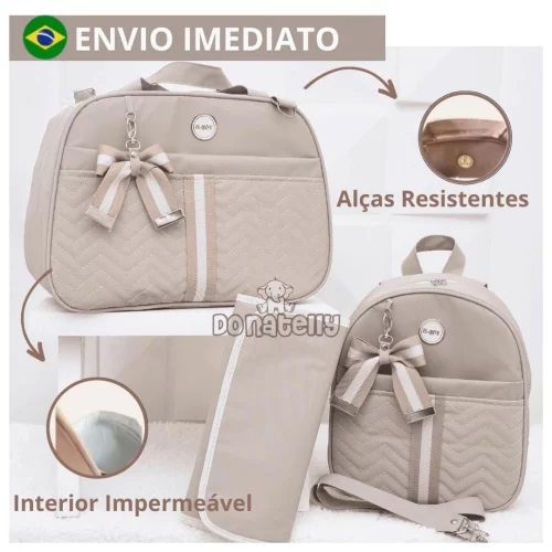 Kit de Bolsa Maternidade 3 Peças com Faixa e Laço, Térmica e Impermeável DONATELLY