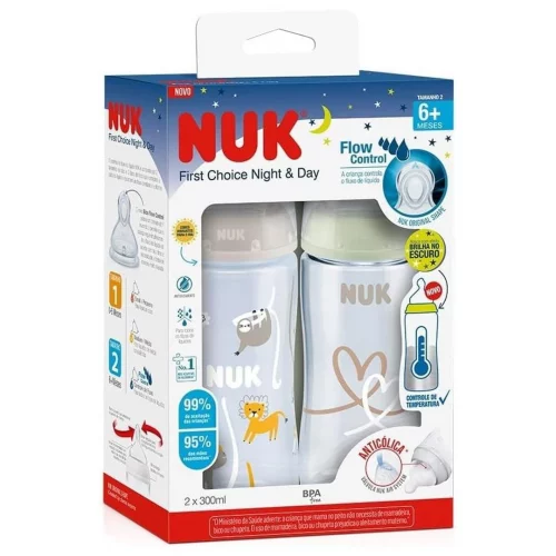 Kit de Mamadeiras Anticólica Dia e Noite com Controle de Temperatura NUK 300ml - Azul