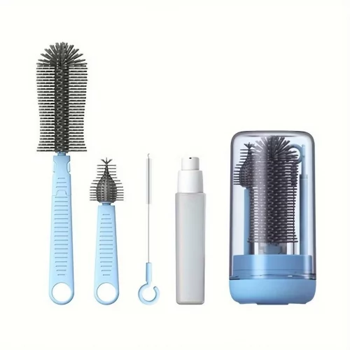 🛍️ Kit Escova Higiene Lavar 4 em 1 para Copo, Garrafa, Mamadeira Portátil Viagem de Silicone e Suporte