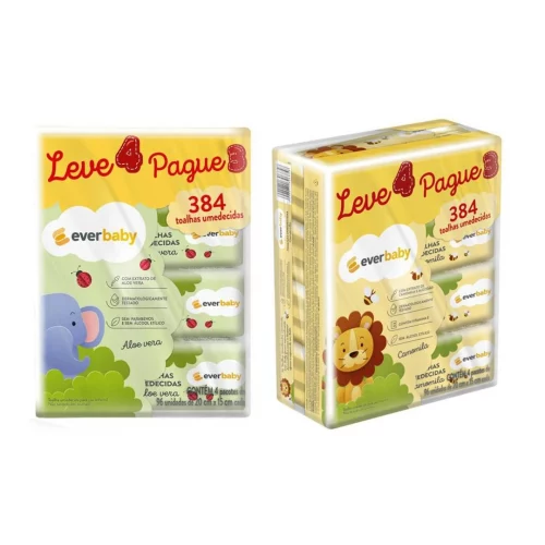 Kit Lenço Umedecido Ever Baby 384 unidades (4 pacotinhos com 96 unidades cada)