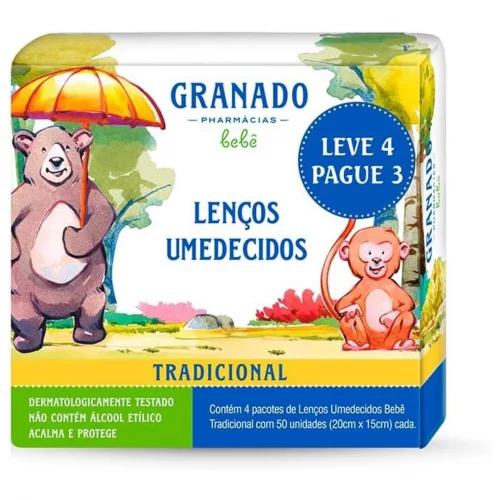 Kit Lenço Umedecido Granado Bebê Tradicional 4 Pacotes de 50 Unidades