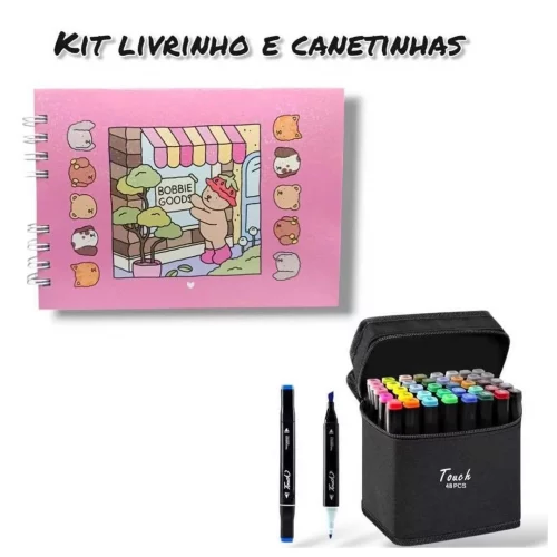 Kit Livro De Colorir Capa Dura 50 Páginas + Canetinhas Marca Texto 36/48/60/80