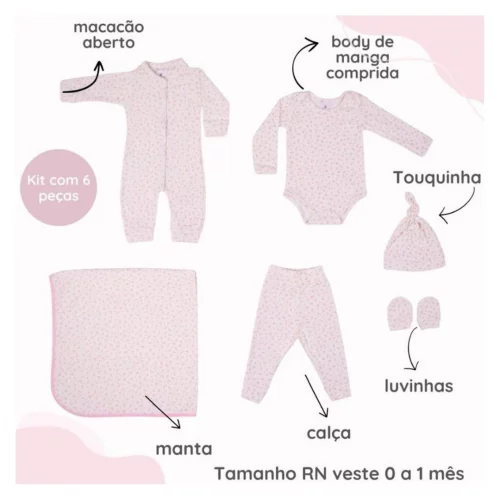 Kit Maternidade Menina mini Flores 100% Algodão Completo - Conjunto Infantil Bebê Menina 06 Peças