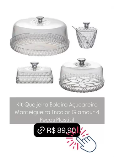 Kit Queijeira Boleira Açucareiro Manteigueira Incolor Glamour 4 Peças Plasútil