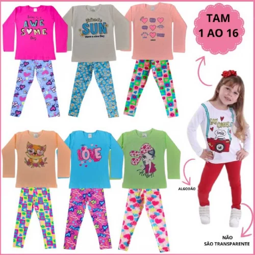 Kit Roupa Infantil Menina 6 Peças 3 Legging Algodão  3 Camiseta Manga Longa  Meia Estação Inverno 1 ao 16