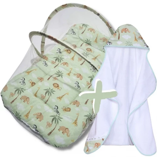 🛍️ Kit Toalha de Banho Bebe Dupla Camada com Capuz + Berço Portátil com Tela Anti Inseto Acolchoado