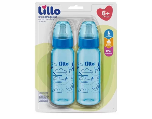 ‌Lillo Kit com 2 Mamadeiras Divertidas 240ml Bico 6m+ Azul