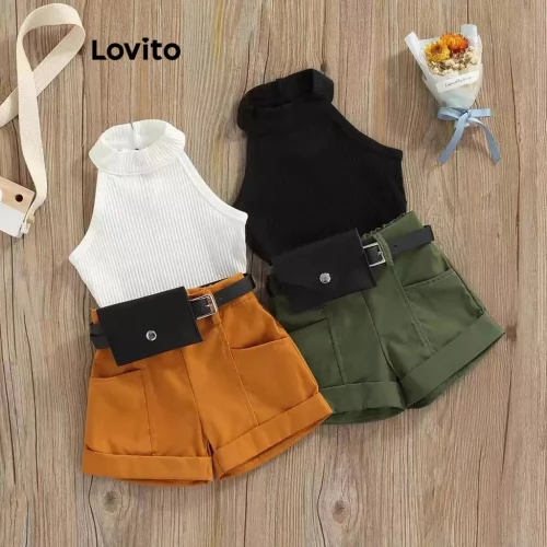 Lovito Conjuntos casuais de shorts de bolso de malha canelada simples para meninas LNA86012