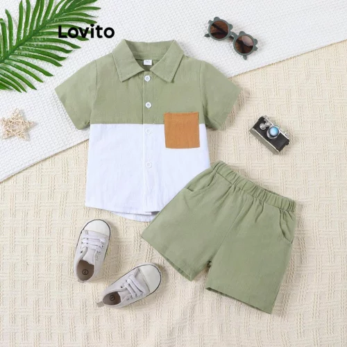 Lovito Conjuntos de shorts casuais com botões e blocos de cores simples e remendados para meninos LNA88017