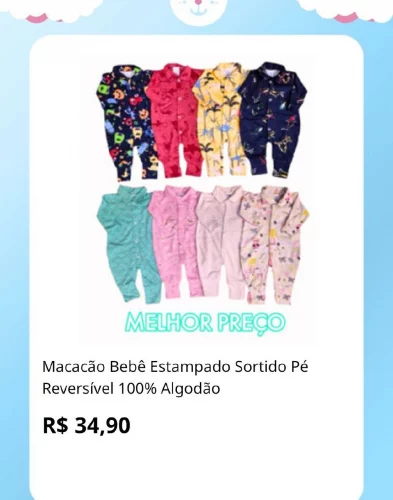 🛍️Macacão Bebê Estampado Sortido Pé Reversível 100% Algodão