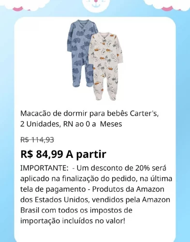 🛍️Macacão de dormir para bebês Carter's, 2 Unidades, RN ao 0 a  Meses