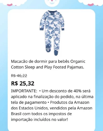 🛍️Macacão de dormir para bebês Organic Cotton Sleep and Play Footed Pajamas.