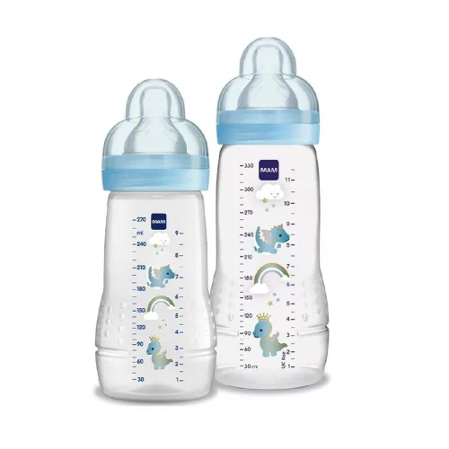 MAM Baby Kit 2 Mamadeiras Easy Active Set, 270ml e 330ml Com Formato Ergonômico e Fácil de Segurar para Crianças 2+ Meses com Bico de Silicone Skinsoft, Azul