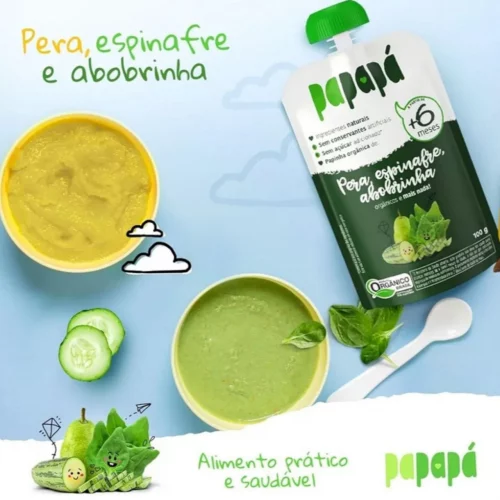Papapá, Papinha infantil, Orgânico, Sabor Pêra, Espinafre & Abobrinha, 100g, Verde