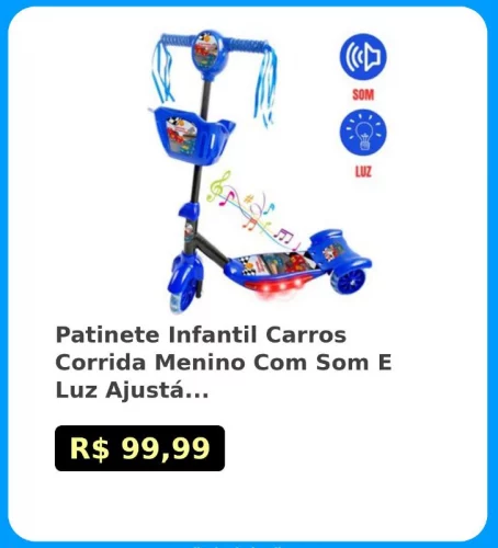 🛍Patinete Infantil Carros Corrida Menino Com Som E Luz Ajustável Até 70cm - 3 Rodas