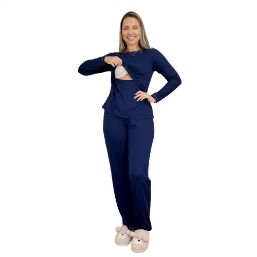 Pijama Amamentação Viscolycra Premium Feminino Inverno Amamentar Gestante Pós Parto Manga Longa