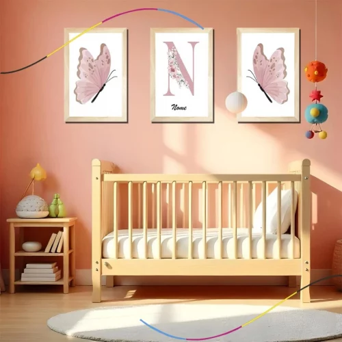 Quadro decorativo infantil personalizado borboletinhas cor de rosa fofa menina quarto 3 peças