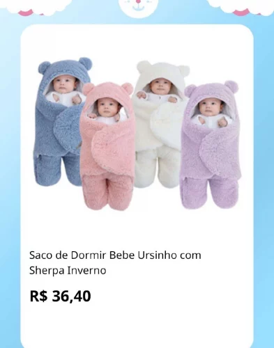 🛍️Saco de Dormir Bebe Ursinho com Sherpa Inverno
