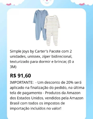 🛍️Simple Joys by Carter's Pacote com 2 unidades, unissex, zíper bidirecional, texturizado para dormir e brincar, (0 a 3M)