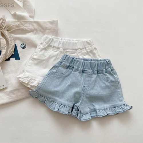 [SSPS] Shorts Jeans Macios Para Meninas Verão Novo Estilo Coreano Bebê Babados Calças Infantis Roupas FAH