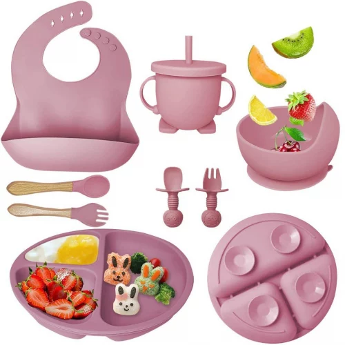 Talheres bebê silicone 8 Peças kit Talheres Infantil Com Ventosa Canudo Colher Babador Garfo Introdução Alimentar