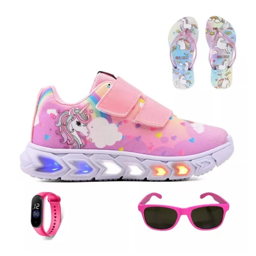 Tenis Led Infantil Unicornio Meninas Chinelo Oculos Relogio
