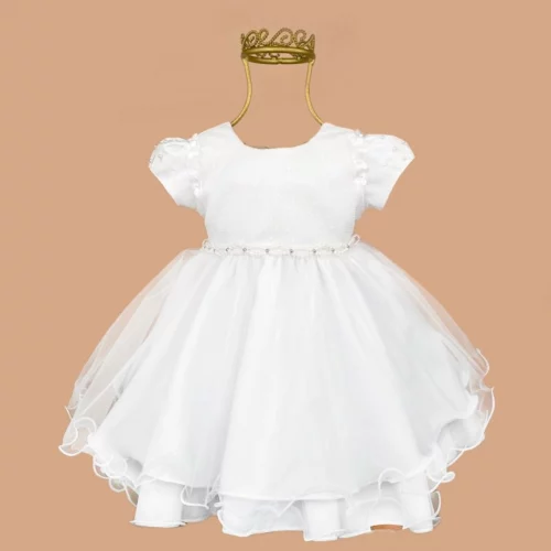 Vestido Bebe Batizado Manga Princesa Saia Gode Cinto Pérolas