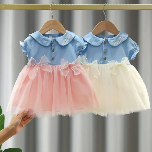 Vestido Tutu Para Bebê Menina Bordado Gola Boneca De Princesa Laço Gaze