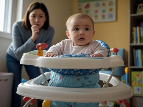 Uma criança está sentada em um andador azul e branco com brinquedos coloridos, em um quarto infantil com paredes amarelas. Ao fundo, uma pessoa adulta, vestindo uma blusa cinza e jeans, está em pé, com a mão no queixo, parecendo pensativa. Há uma estante com livros e brinquedos e um pôster colorido na parede.