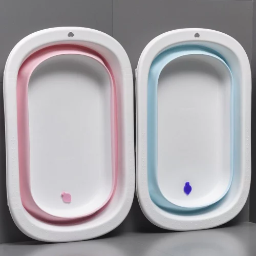 Banheira de Bebe Com Suporte Infantil Dobrável Viagem Portátil Bebê Azul Rosa Banheira Dobrável Silicone Abre e Fecha
