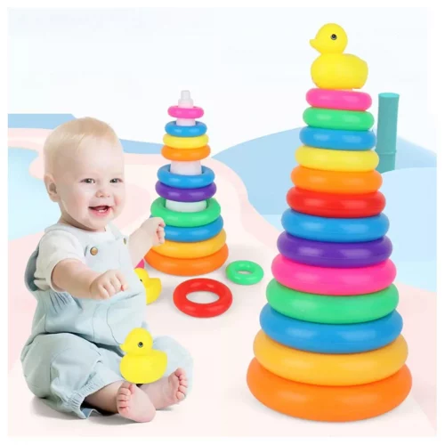 Bebê Arco-Íris Torre Empilhamento Círculo Divertido Pato Anel Quebra-Cabeça Jogo Pirâmide Criança Cor Cognição