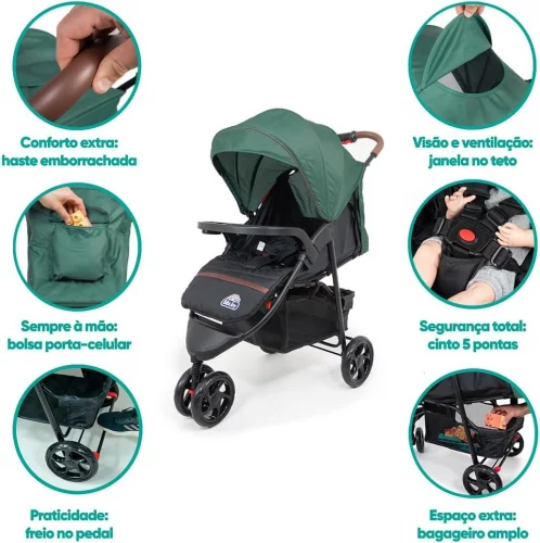 CARRINHO DE BEBÊ 3 RODAS CONFORT ATÉ 15KG BIBI JOY (VERDE)