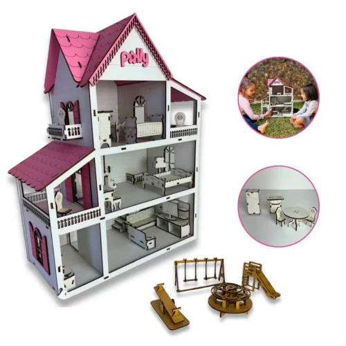 Casa de Boneca com Moveis e Parquinho Miniatura Casinha Brinquedo Kids Infantil mdf acabamento