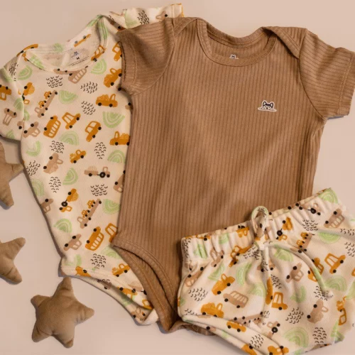 Conjunto Body Manga Curta Tapa Fralda Bebe Kit 3 Peça Infantil Canelado Menino Menina Liso Estampado