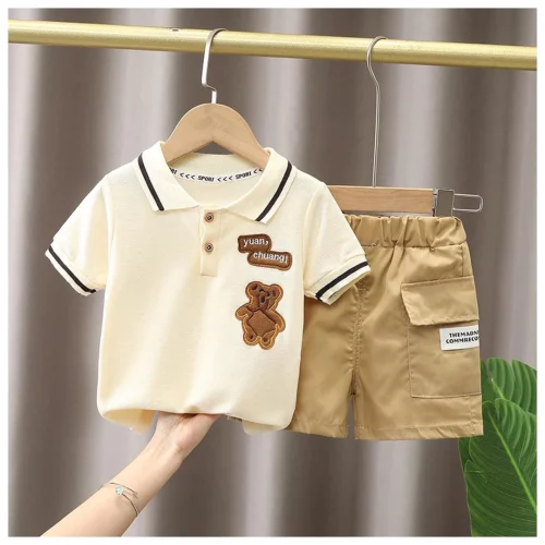 Conjunto De Duas Peças De Camisa Pólo Listrada De Manga Curta Para Crianças