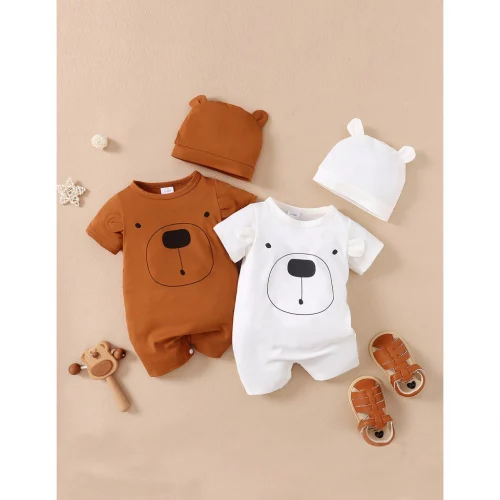 Conjunto De Macacão De Verão Para Bebê Menino De 2 Peças : Lindo Body Com Estampa De Urso E Chapéu Recém-Nascidos (0 A 1