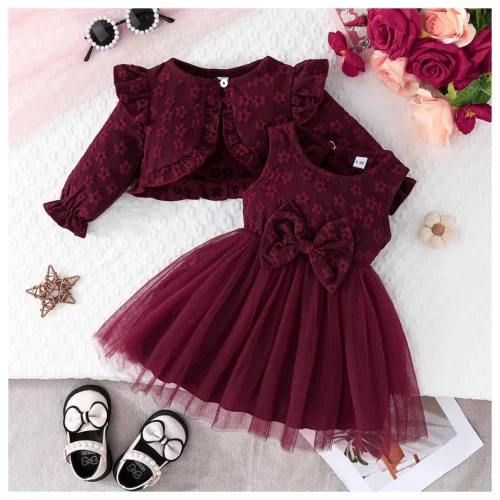 Conjunto Roupa Infantil Menina 6Meses-3 Anos Verão Moda Manga Longa Botão Casaco Suspensórios Vestidos Floral Tule De Princesa Para Bebê Recém-Nascidos