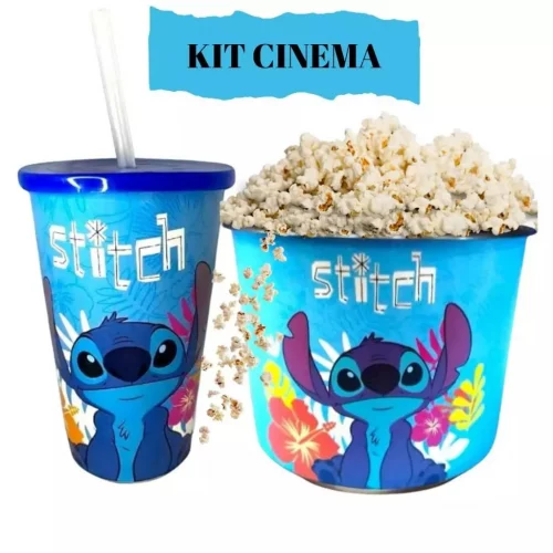 > 🛍 Copo Stitch Com Canudo 550ML + Balde De Pipoca Pipoqueira Stitch 1,5 Litros Kit Cinema Divertido