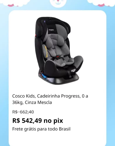 🛍️Cosco Kids, Cadeirinha Progress, 0 a 36kg, Cinza Mescla