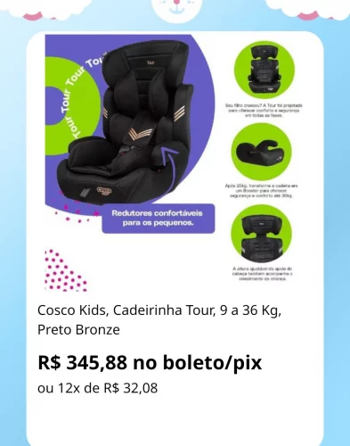 🛍️Cosco Kids, Cadeirinha Tour, 9 a 36 Kg, Preto Bronze