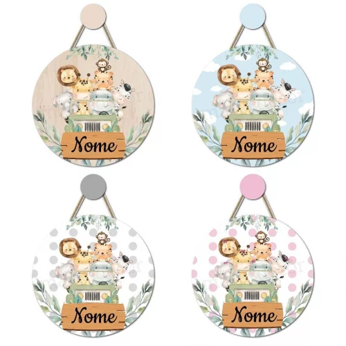 Enfeite Porta Maternidade Safari Animais Bichinhos + Pendurador, Quadro Decoração Quarto Menino