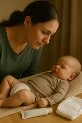 Mãe com expressão terna e preocupada olha para seu bebê deitado em um trocador, ao lado de uma fralda limpa e um tubo de pomada, em um ambiente iluminado suavemente. Cena transmite cuidado com assaduras.