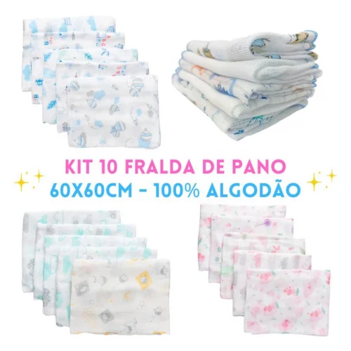 Fraldas de pano kit com 10 unidades 60x60cm 100% algodão Minasrey
