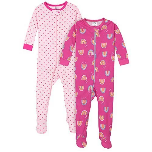 🤎 Gerber Pacote com 2 pijamas com pés para bebês meninas, Arco-íris rosa, 0-3 Meses