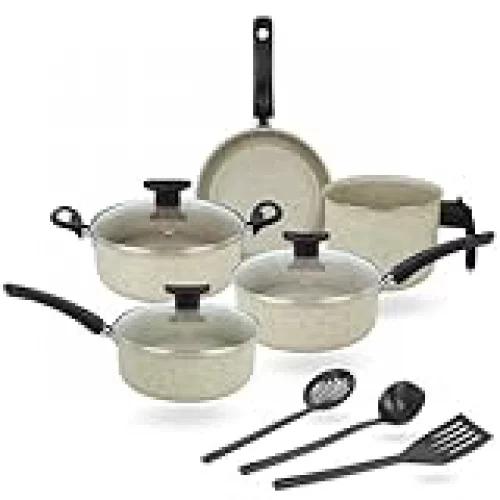 Jogo De Panelas 8 Peças Elegan Baunilha Bege Antiaderente Tampa de Vidro Conjunto de Panela para Cozinha Teflon - Dona Chefa