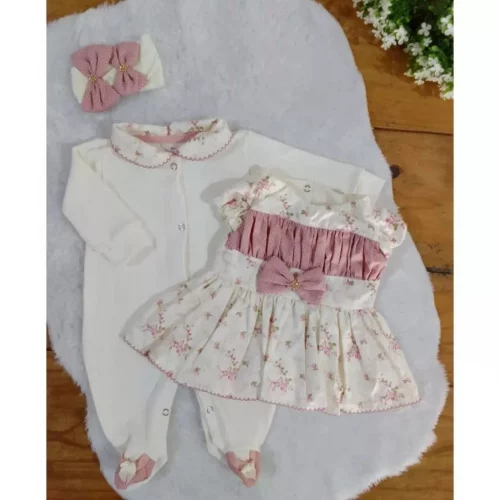 👉Kit 03 Peças Conjunto Macacão para Bebê de Malha Longo com Vestido Menina