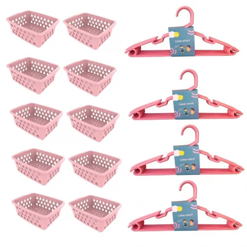 Kit 10 Cestos Organizador Pequeno Multiuso Rosa + 20 Cabides Infantil Bebê Rosa
